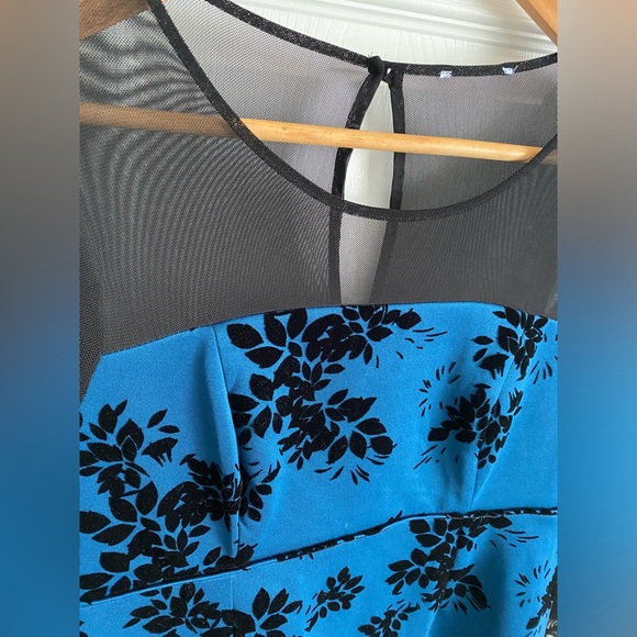 Maternity Blue Formal Dress w Black Velvet Florals & Black Mesh Neckline Medium - Picture 3 of 11